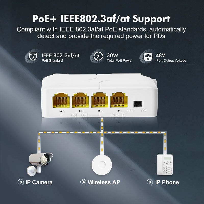 Binardat Gigabit PoE Passthrough Switch, 1 PoE in 3 PoE Out Extender, IEEE802.3af/at PoE Powered, 10/100/1000Mbps Ethernet, din-Rail & Wall Mount - Image 3